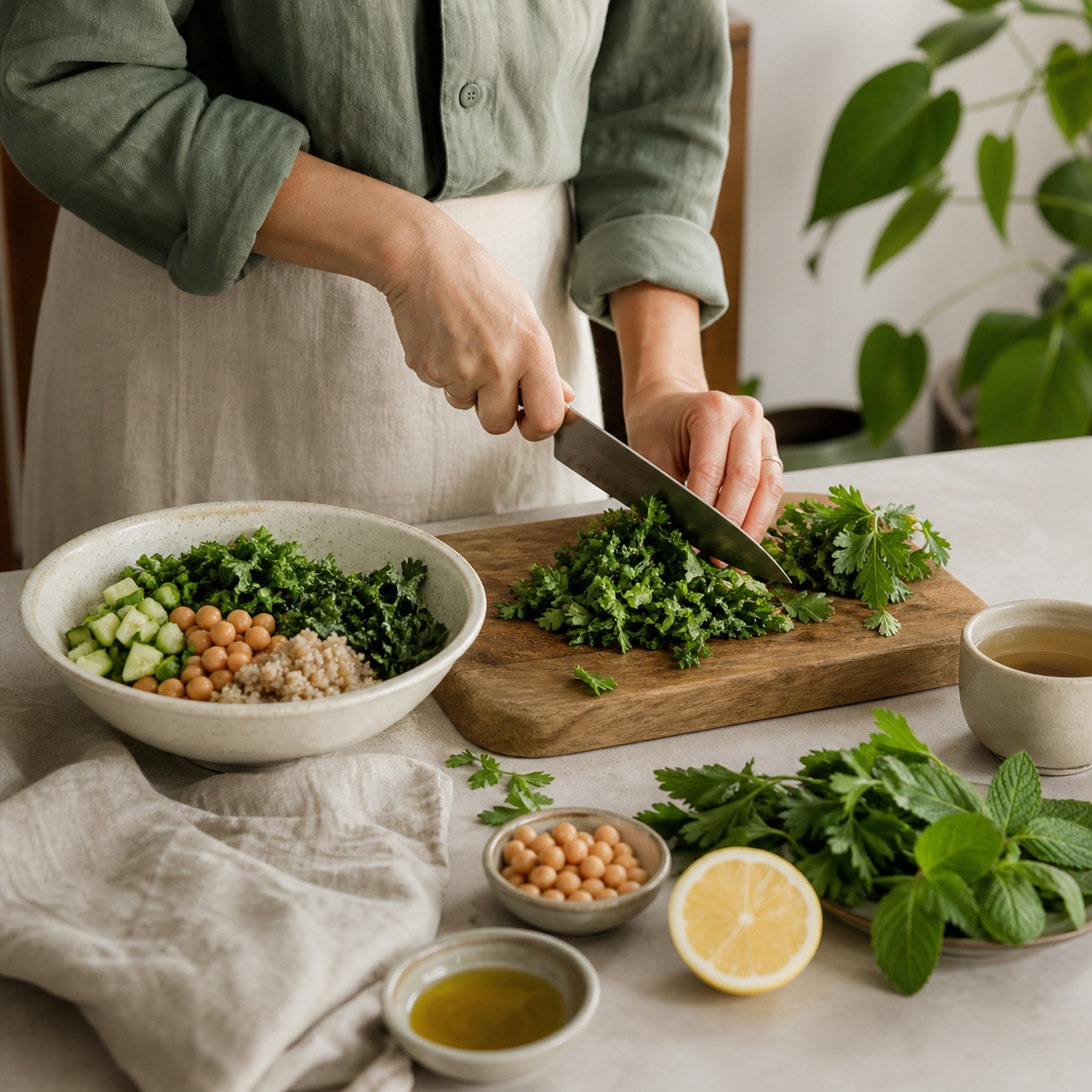 Hands preparing vegetables in a calm kitchen.